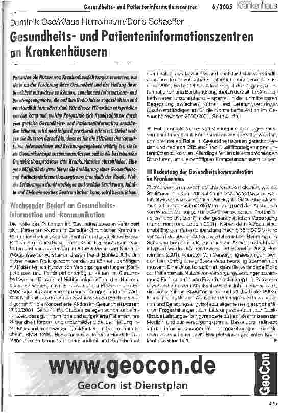 Vorschauseite 1: Gesundheitsund Patienteninformationszentren an Krankenhäusern