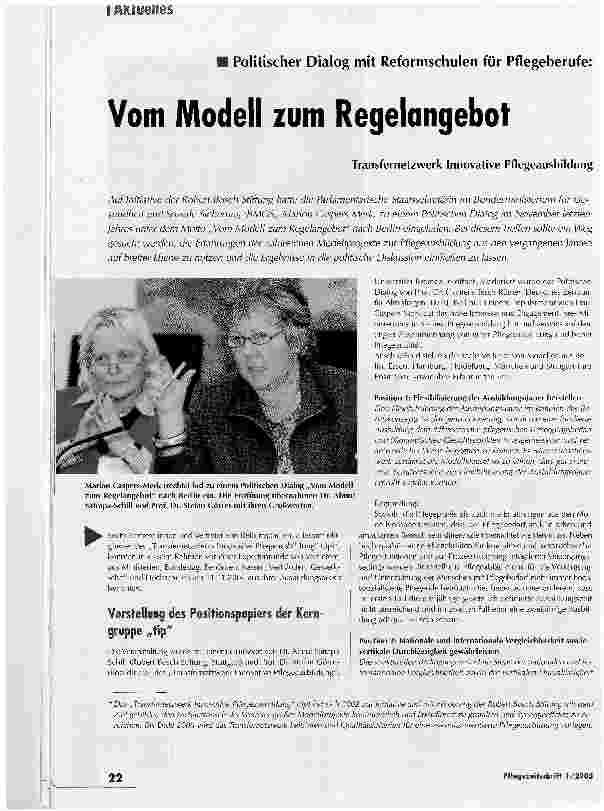 Vorschauseite 1: Politischer Dialog mit Reformschulen für Pflegeberufe: Vom Modell zum Regelangebot