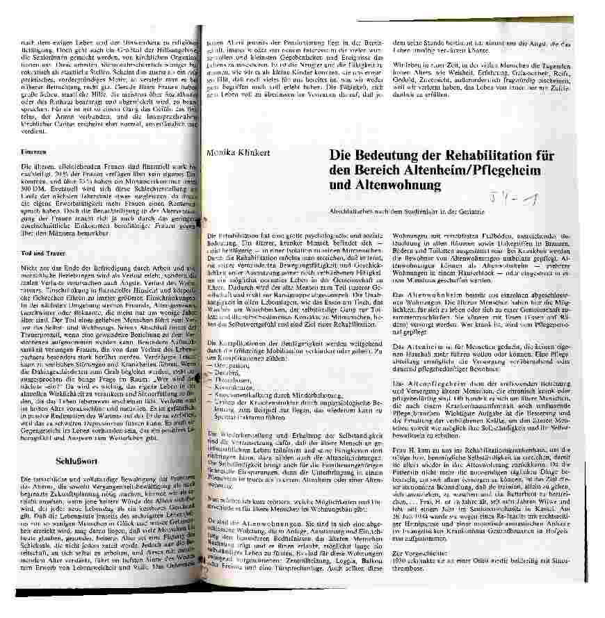 Vorschauseite 1: Die Bedeutung der Rehabilitation für den Bereich Altenheim/Pflegeheim und Altenwohnung
