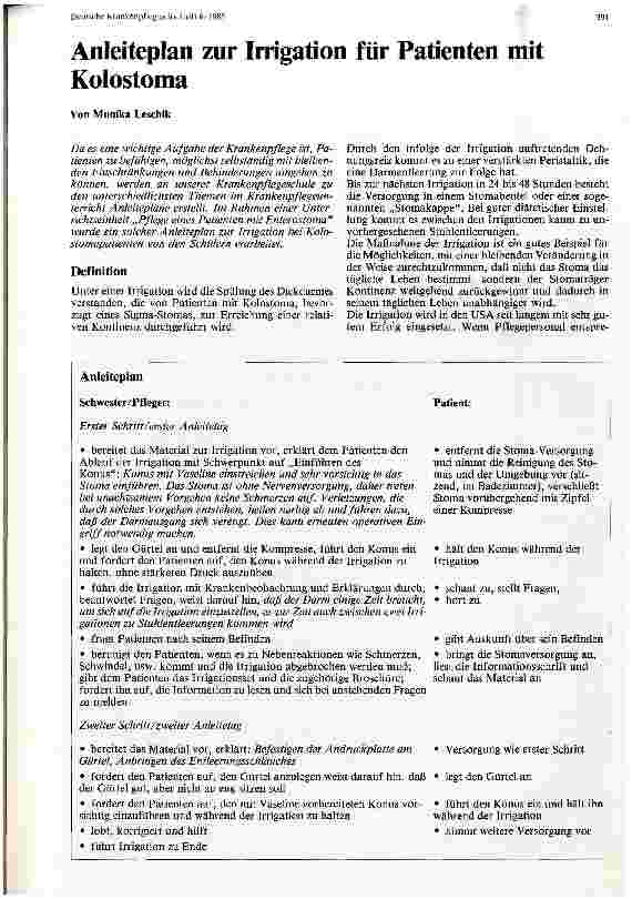Vorschauseite 1: Anleiteplan zur Irrigation für Patienten mit Kolostoma