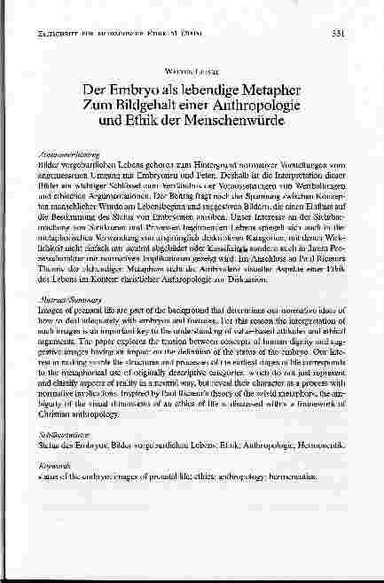Vorschauseite 1: Der Embryo als lebendige Metapher Zum Bildgehalt einer Anthropologieund Ethik der Menschenwürde