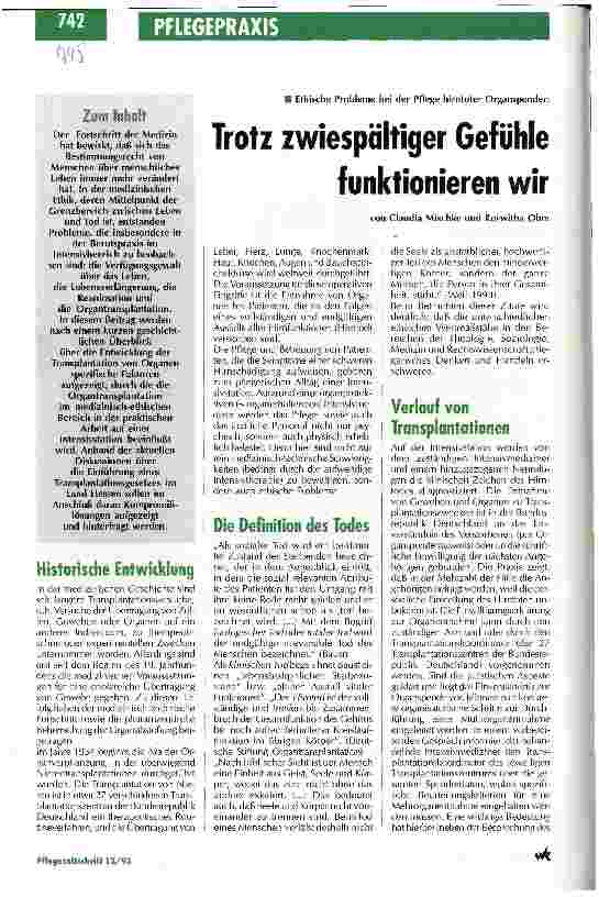 Vorschauseite 1: Trotz zwiespältiger Gefühle funktionieren wir Ethische Probleme bei der Pflege hirntoter Organspender