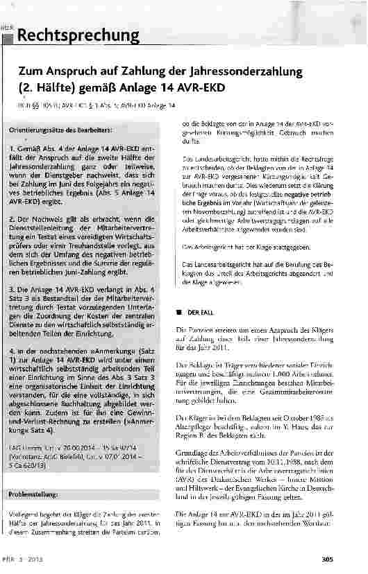 Vorschauseite 1: Zum Anspruch auf Zahlung der Jahressonderzahlung (2. Hälfte) gemäß Anlage 14 AVR-EKDBGB §§ 305 ff.; AVR-EKD § 1 Abs. 5; AVR-EKD Anlage 14
