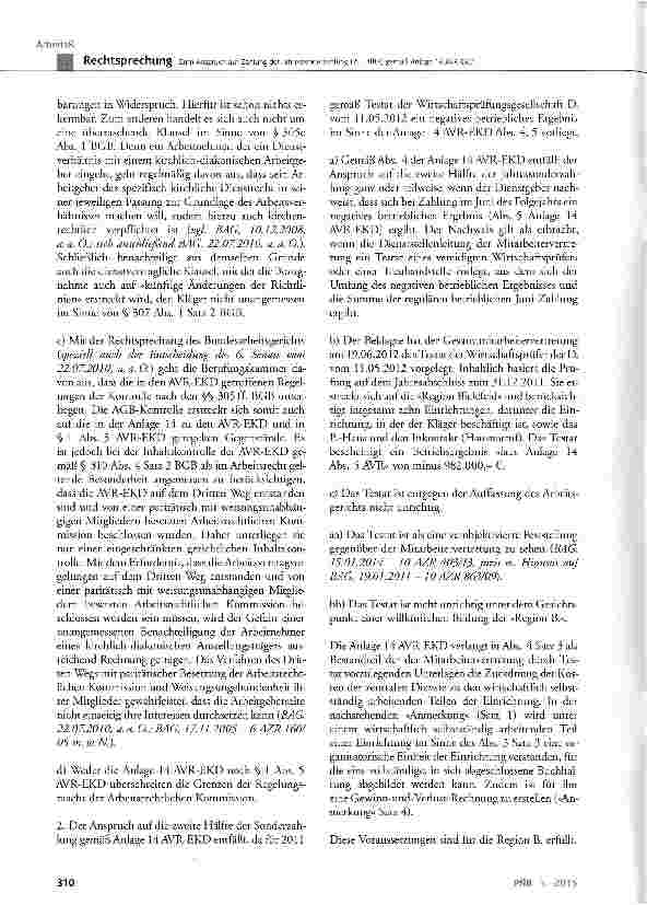 Vorschauseite 6: Zum Anspruch auf Zahlung der Jahressonderzahlung (2. Hälfte) gemäß Anlage 14 AVR-EKDBGB §§ 305 ff.; AVR-EKD § 1 Abs. 5; AVR-EKD Anlage 14