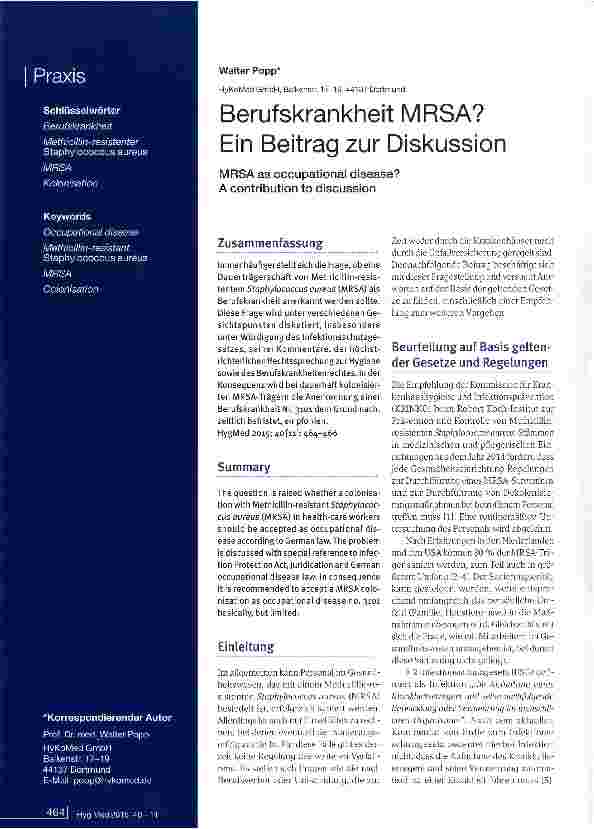 Vorschauseite 1: Berufskrankheit MRSA? Ein Beitrag zur Diskussion