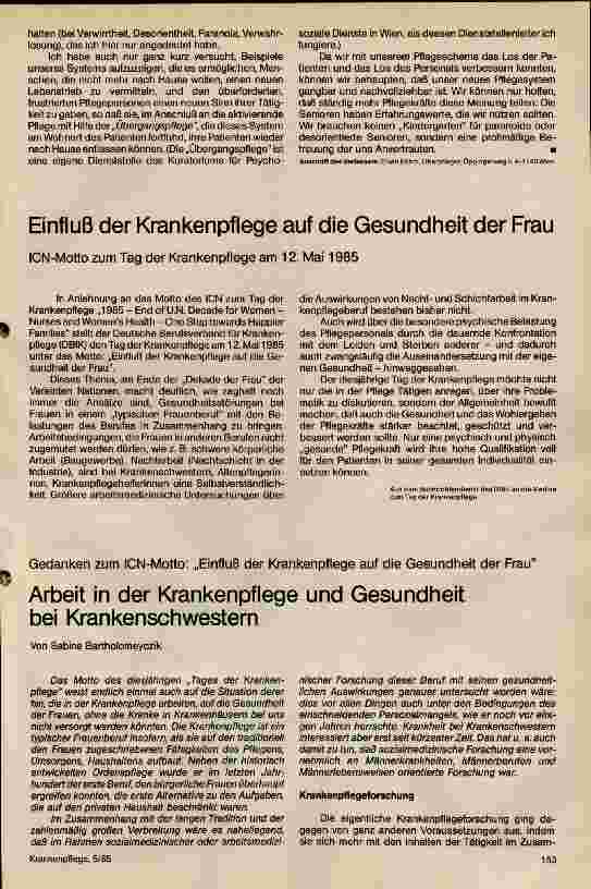 Vorschauseite 1: Arbeit in der Krankenpflege und Gesundheit bei Krankenschwestern Gedanken zun ICN Motto: Einfluß der Krankenpflege auf die Gesundheit der Frau