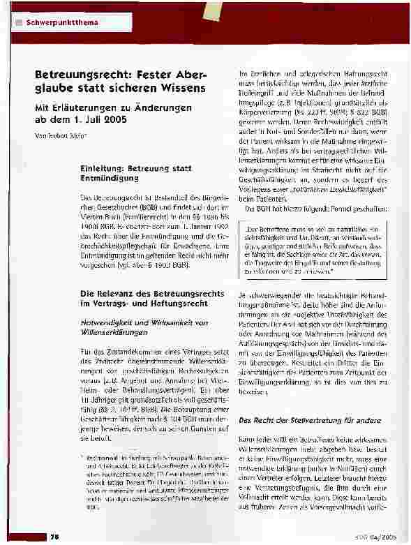 Vorschauseite 1: Betreuungsrecht: Fester Aberglaube statt sicheren WissensMit Erläuterungen zu Änderungen ab dem 1. Juli 2005