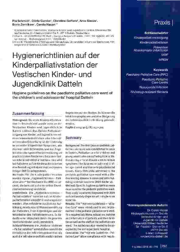 Vorschauseite 1: Hygienerichtlinien auf der Kinderpalliativstation der Vestischen Kinderund Jugendklinik Datteln