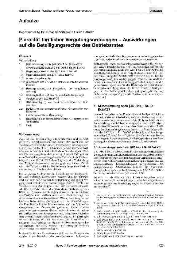 Vorschauseite 1: Pluralität tariflicher Vergütungsordnungen - Auswirkungen auf die Beteiligungsrechte des Betriebsrates