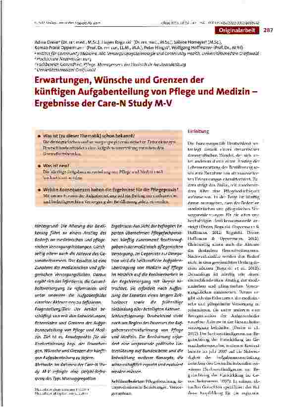 Vorschauseite 1: Erwartungen, Wünsche und Grenzen derkünftigen Aufgabenteilung von Pflege und Medizin -Ergebnisse der Care-N Study M-V