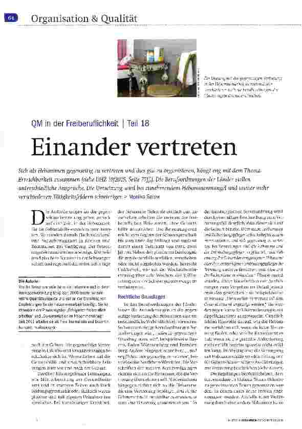 Vorschauseite 1: QM in der Freiberuflichkeit Teil 18 Einander vertreten