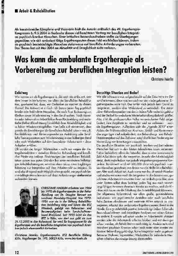 Vorschauseite 1: Was kann die ambulante Ergotherapie als Vorbereitung zur beruflichen Integration leisten?