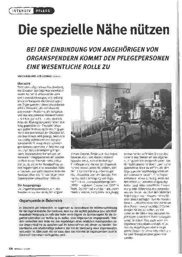 Vorschauseite 1: Die spezielle Nähe nützenBEI DER EINBINDUNG VON ANGEHÖRIGEN VON. ORGANSPENDERN KOMMT DEN PFLEGEPERSONEN EINE WESENTLICHE ROLLE ZU