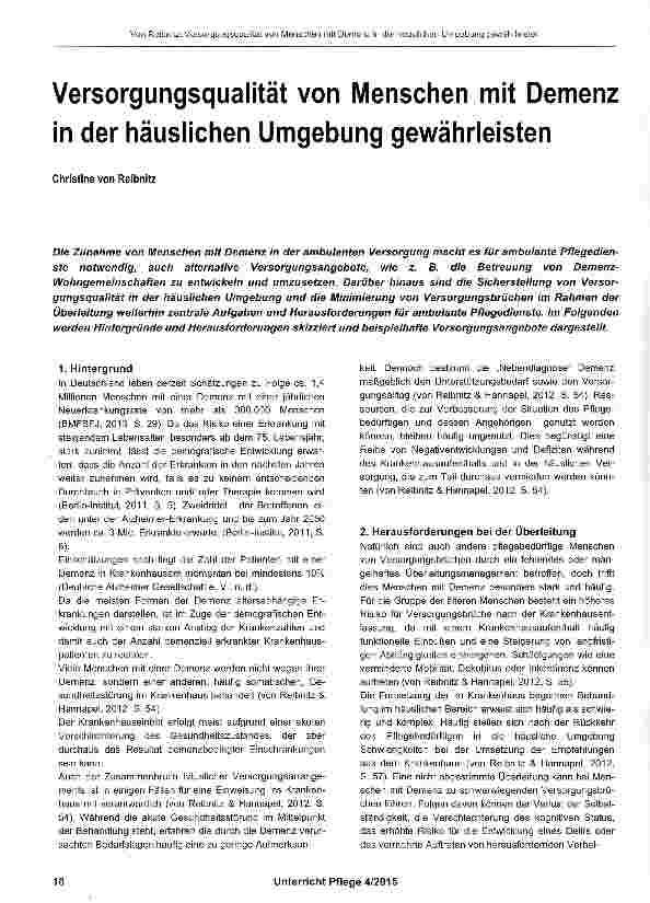 Vorschauseite 1: Versorgungsqualität von Menschen mit Demenz in der häuslichen Umgebung gewährleisten