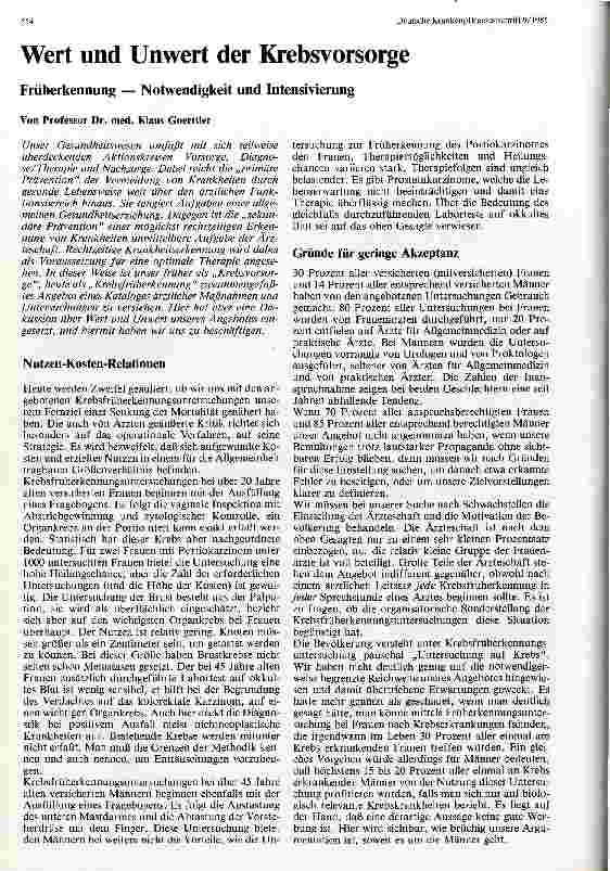 Vorschauseite 1: Wert und Unwert der Krebsvorsorge Früherkennung - Notwendigkeit und Intensivierung