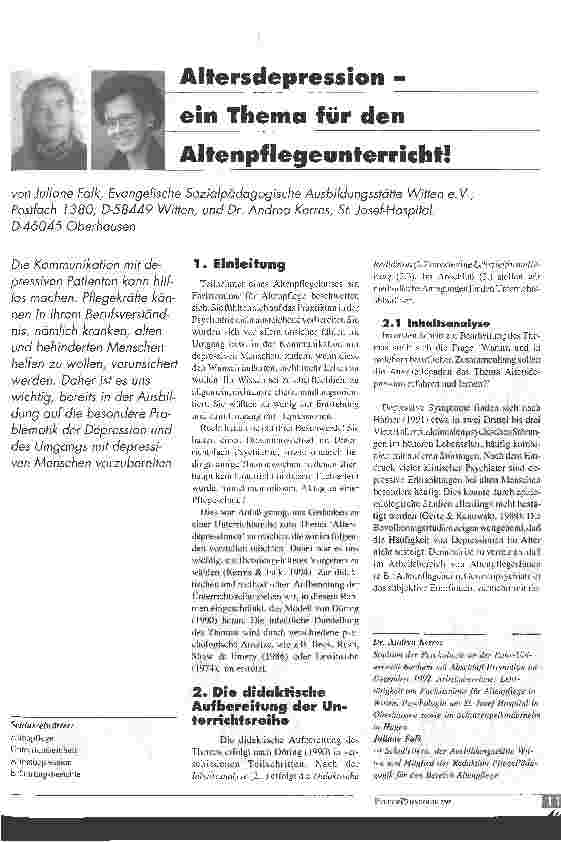 Vorschauseite 1: Altersdepression - ein Thema für den Altenpflegeunterricht