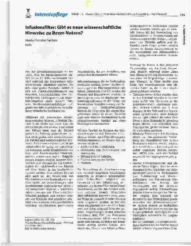 Vorschauseite 1: Infusionsfilter: Gibt es neue wissenschaftliche Hinweise zu ihrem Nutzen?