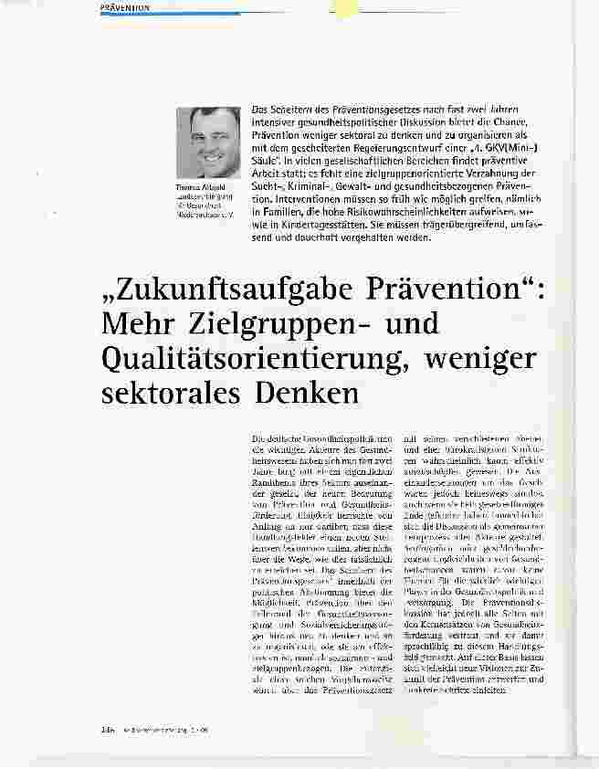 Vorschauseite 1: Zukunftsaufgabe Prävention: Mehr Zielgruppenund Qualitätsorientierung, weniger sektorales Denken