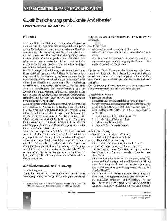 Vorschauseite 1: Qualitätssicherung ambulante AnästhesieEntschließung des BDA und der DGAI