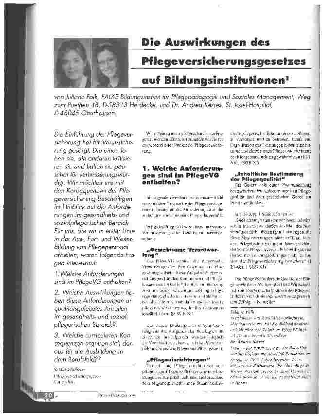 Vorschauseite 1: Die Auswirkungen des Pflegeversicherungsgesetzes auf Bildungsinstitutionen