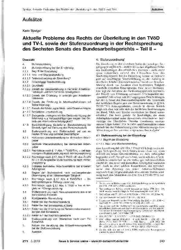 Vorschauseite 1: Aktuelle Probleme des Rechts der Überleitung in den TVöD und TV-L sowie der Stufenzuordnung in der Rechtsprechung des Sechsten Senats des Bundesarbeitsgerichts - Teil II -