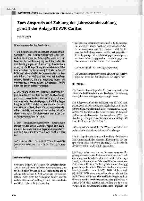 Vorschauseite 1: Zum Anspruch auf Zahlung der Jahressonderzahlung gemäß der Anlage 32 AVR-CaritasBGB§§ 305 ff.