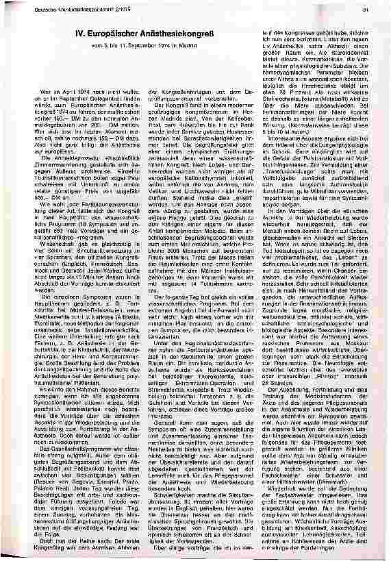Vorschauseite 1: IV. Europäischer Anästhesiekongreß vom 5. bis 11. September 1974 in Madrid