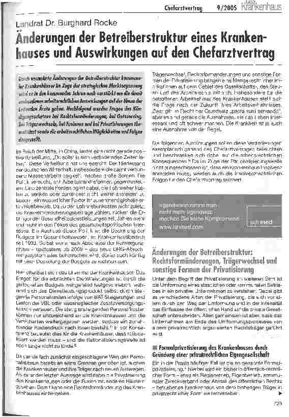 Vorschauseite 1: Änderungen der Betreiberstruktur eines Krankenhauses und Auswirkungen auf den Chefarztvertrag