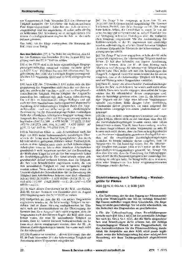 Vorschauseite 1: Diskriminierung durch Tarifvertrag - Mindestgröße für Piloten AGG §§ 15, 6; GG Art. 1, 2; BGB § 823