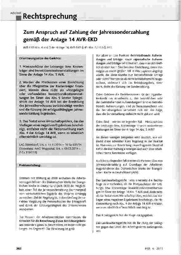 Vorschauseite 1: Zum Anspruch auf Zahlung der Jahressonderzahlung gemäß der Anlage 14 AVR-EKDAVR-EKD Abs. 4 und 5 der Anlage 14; AVR-EKD § 45 Abs. 2; HGB § 243