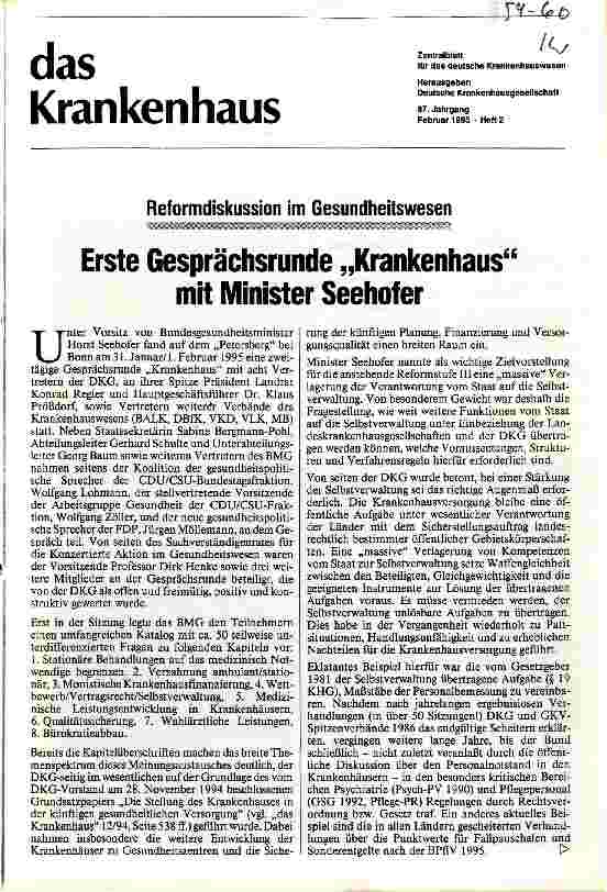 Vorschauseite 1: Reformdiskussion im Gesundheitswesen Erste Gesprächsrunde Krankenhaus mit Minister Seehofer