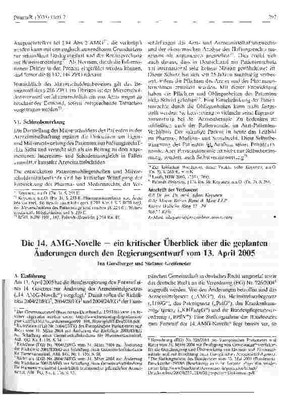 Vorschauseite 1: Die 14. AMG-Novelle - ein kritischer Überblick über die geplanten Änderungen durch den Regierungsentwurf vom 13. April 2005