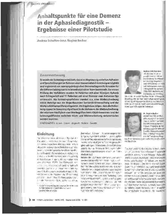 Vorschauseite 1: Anhaltspunkte für eine Demenz in der Aphasiediagnostik -Ergebnisse einer Pilotstudie