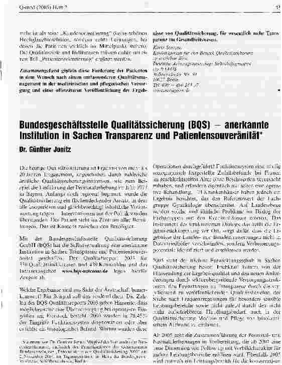 Vorschauseite 1: Bundesgeschäftsstelle Qualitätssicherung (BQS) - anerkannte Institution in Sachen Transparenz und Patientensouveränität