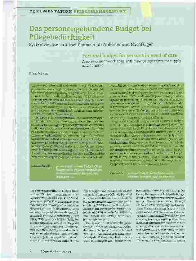 Vorschauseite 1: Das personengebundene Budget bei PflegebedürftigkeitSystemwechsel eröffnet Chancen für Anbieter und Nachfrager