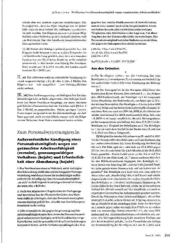 Vorschauseite 1: Außerordentliche Kündigung eines Personalratsmitglieds wegen vorgetäuschter Arbeitsunfähigkeit (verneint), genesungswidrigen Verhaltens (bejaht) und Erforderlichkeit einer Abmahnu…