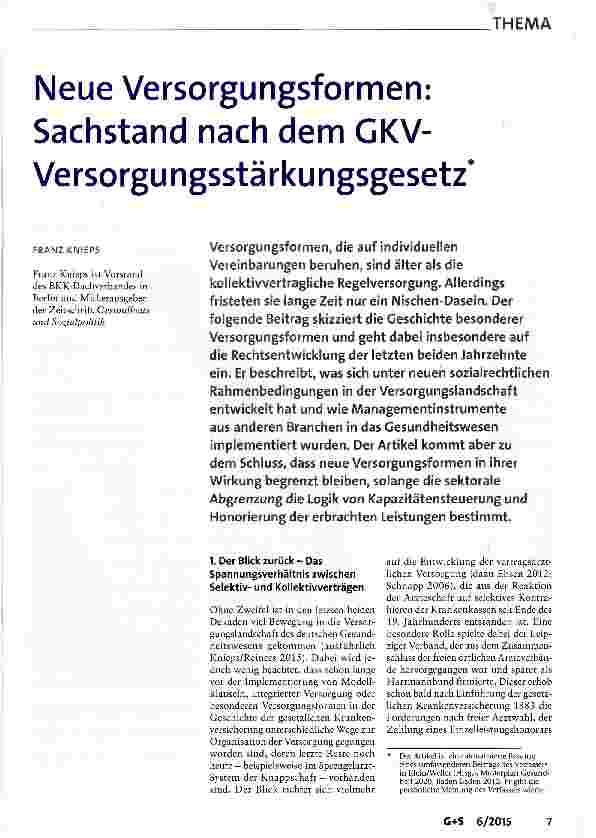 Vorschauseite 1: Neue Versorgungsformen: Sachstand nach dem GKV-Versorgungsstärkungsgesetz