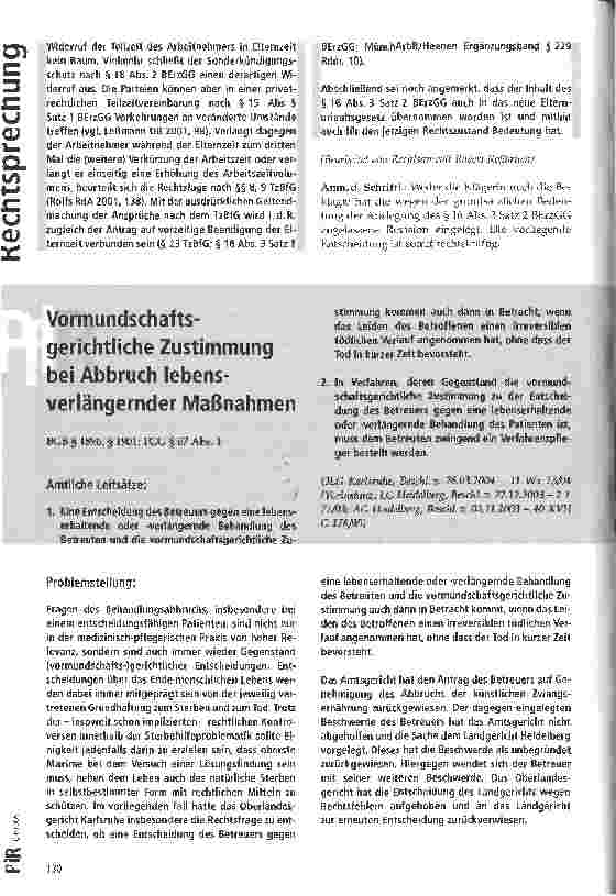 Vorschauseite 1: Vormundschaftsgerichtliche Zustimrnung bei Abbruch lebensverlängernder Maßnahmen