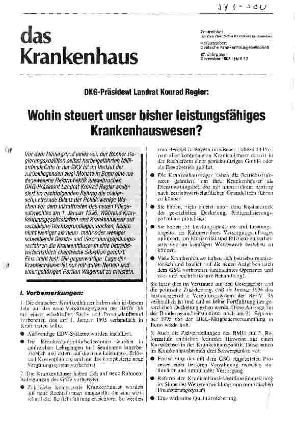 Vorschauseite 1: DKG-Präsident Landrat Konrad Legler: Wohin steuert unser bisher leistungsfähiges Krankenhauswesen?