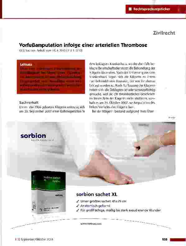 Vorschauseite 1: Vorfußamputation infolge einer arteriellen Thrombose OLG Sachsen-Anhalt vom 16.4.2015(1 U 119/13)