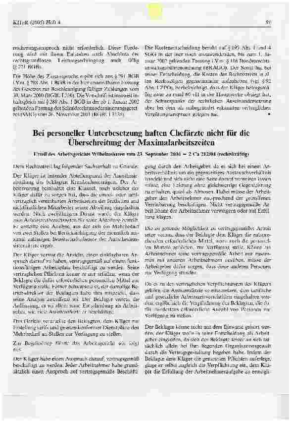 Vorschauseite 1: Bei personeller Unterbesetzung haften Chefärzte nicht für die Überschreitung der Maximalarbeitszeiten