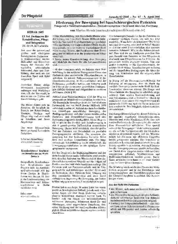 Vorschauseite 1: Förderung der Bewegung bei bauchchirurgischen PatientenPrioperative Mobilisationsinstruktion - Methodenkompetenz schreit nach klinischer Forschung