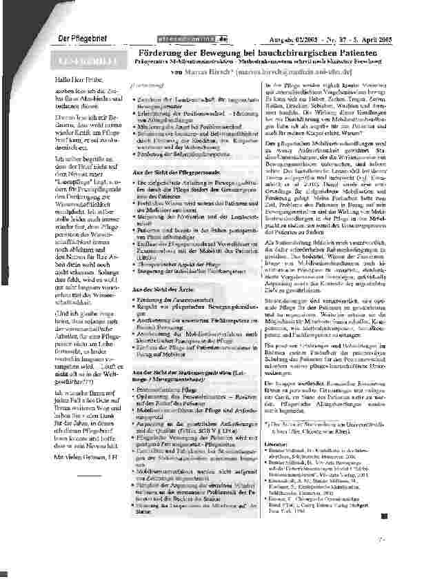 Vorschauseite 2: Förderung der Bewegung bei bauchchirurgischen PatientenPrioperative Mobilisationsinstruktion - Methodenkompetenz schreit nach klinischer Forschung
