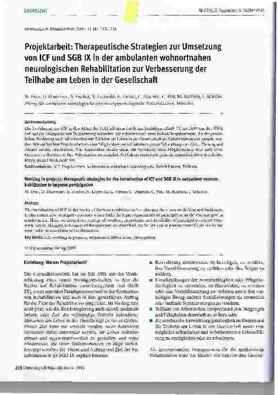 Vorschauseite 1: Projektarbeit: Therapeutische Strategien zur Umsetzung von ICF und SGB IX in der ambulanten wohnortnahen neurologischen Rehabilitation zur Verbesserung der Teilhabe am Leben in de…