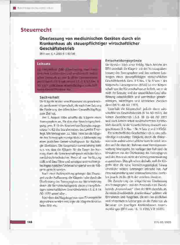 Vorschauseite 1: Überlassung von medizinischen Geräten durch ein Krankenhaus als steuerpflichtiger wirtschaftlicher Geschäftsbetrieb