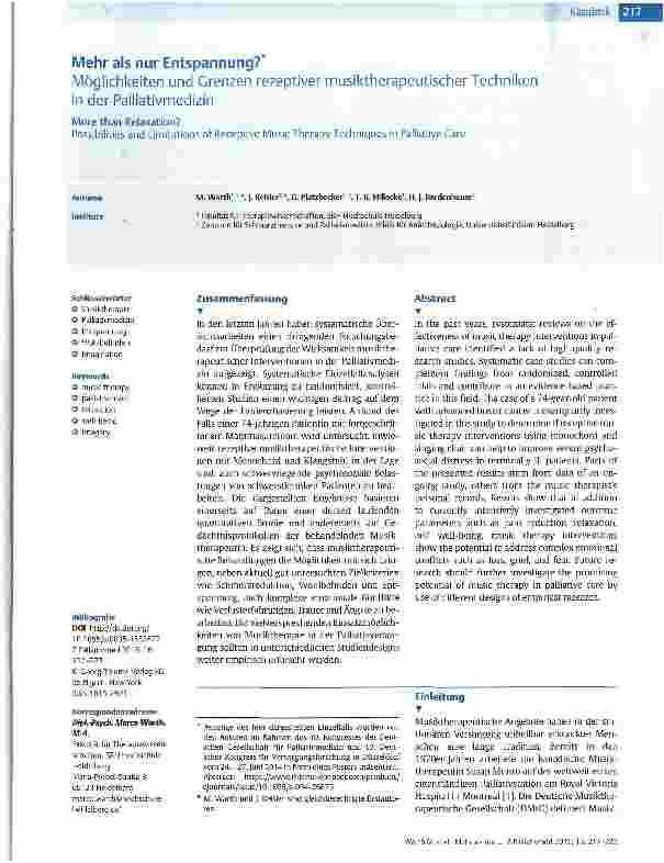 Vorschauseite 1: Mehr als nur Entspannung? Möglichkeiten und Grenzen rezeptiver musiktherapeutischer Techniken in der Palliativmedizin