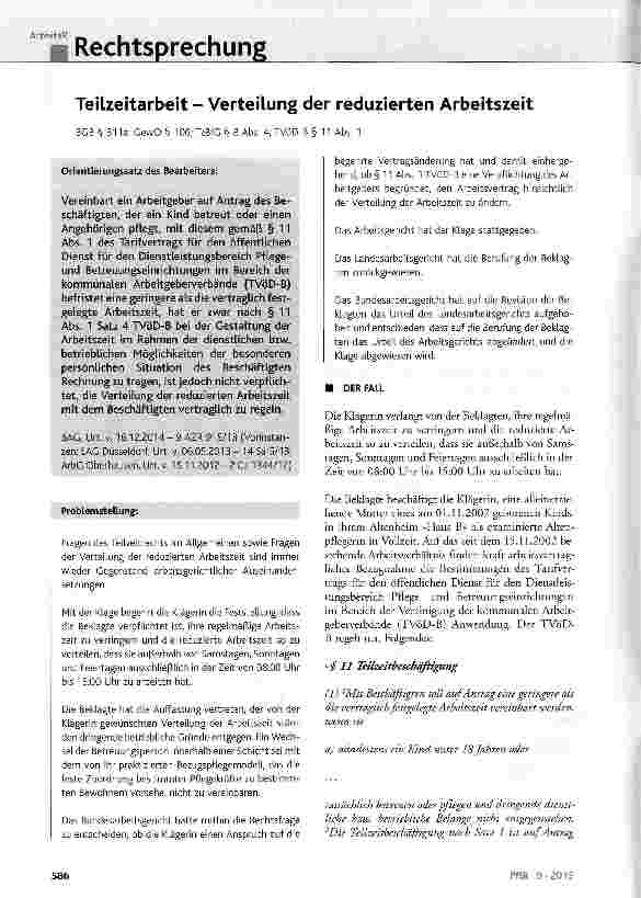 Vorschauseite 1: Teilzeitarbeit - Verteilung der reduzierten Arbeitszeit BGB § 311a; GewO § 106; TzBfG § 8 Abs. 4; TVöD-B § 11 Abs. 1