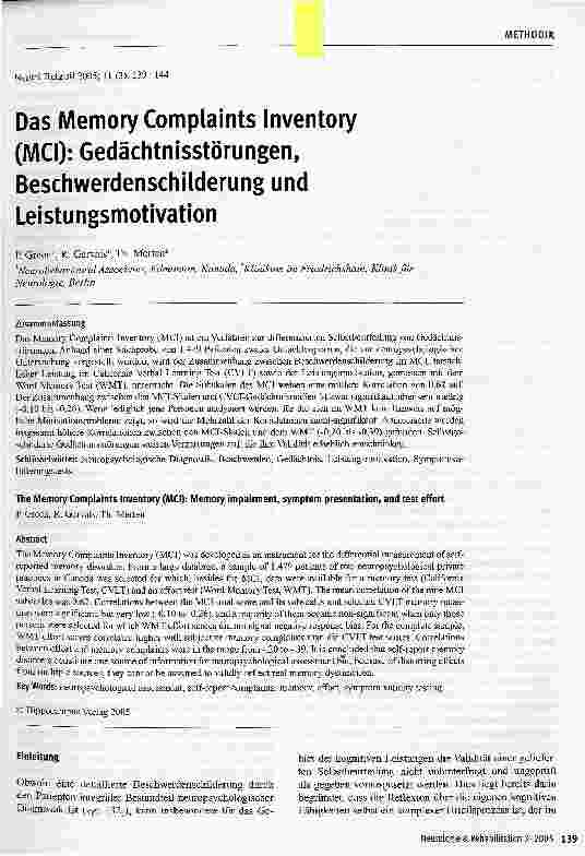 Vorschauseite 1: Das Memory Complaints Inventory (MCI): Gedächtnisstörungen, Beschwerdenschilderung und Leistungsmotivation