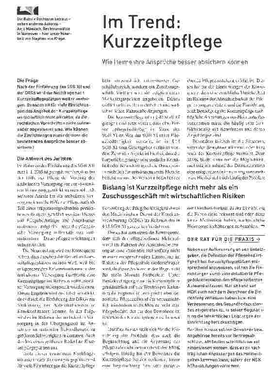 Vorschauseite 1: Im Trend KurzzeitpflegeWie Heime ihre Ansprüche besser absichern können