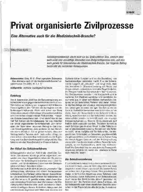 Vorschauseite 1: Privat organisierte ZivilprozesseEine Alternative auch für die Medizintechnik-Branche?